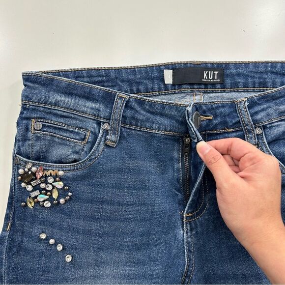 KUT From The Kloth Catherine Ankle Straight Leg Jewel Distressed Jean Size 4 - Picture 4 of 11